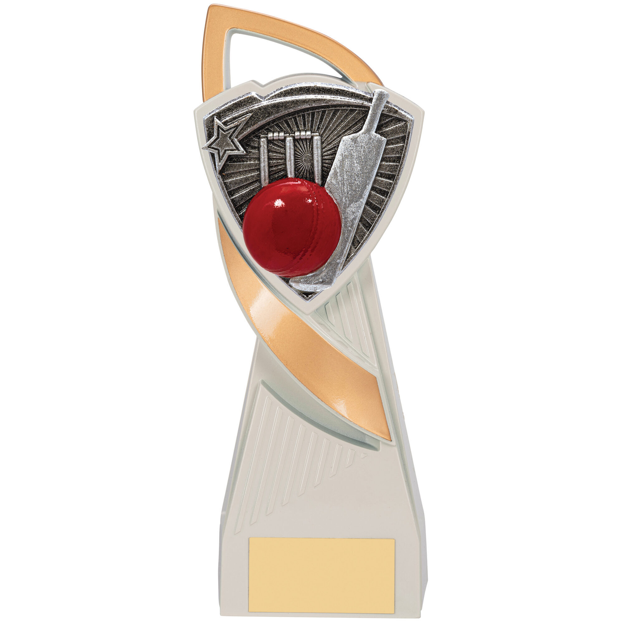 Elegant curved Utopia cricket trophy with silver and gold finish featuring a detailed shield design containing cricket bat, stumps and red ball on flowing curved base