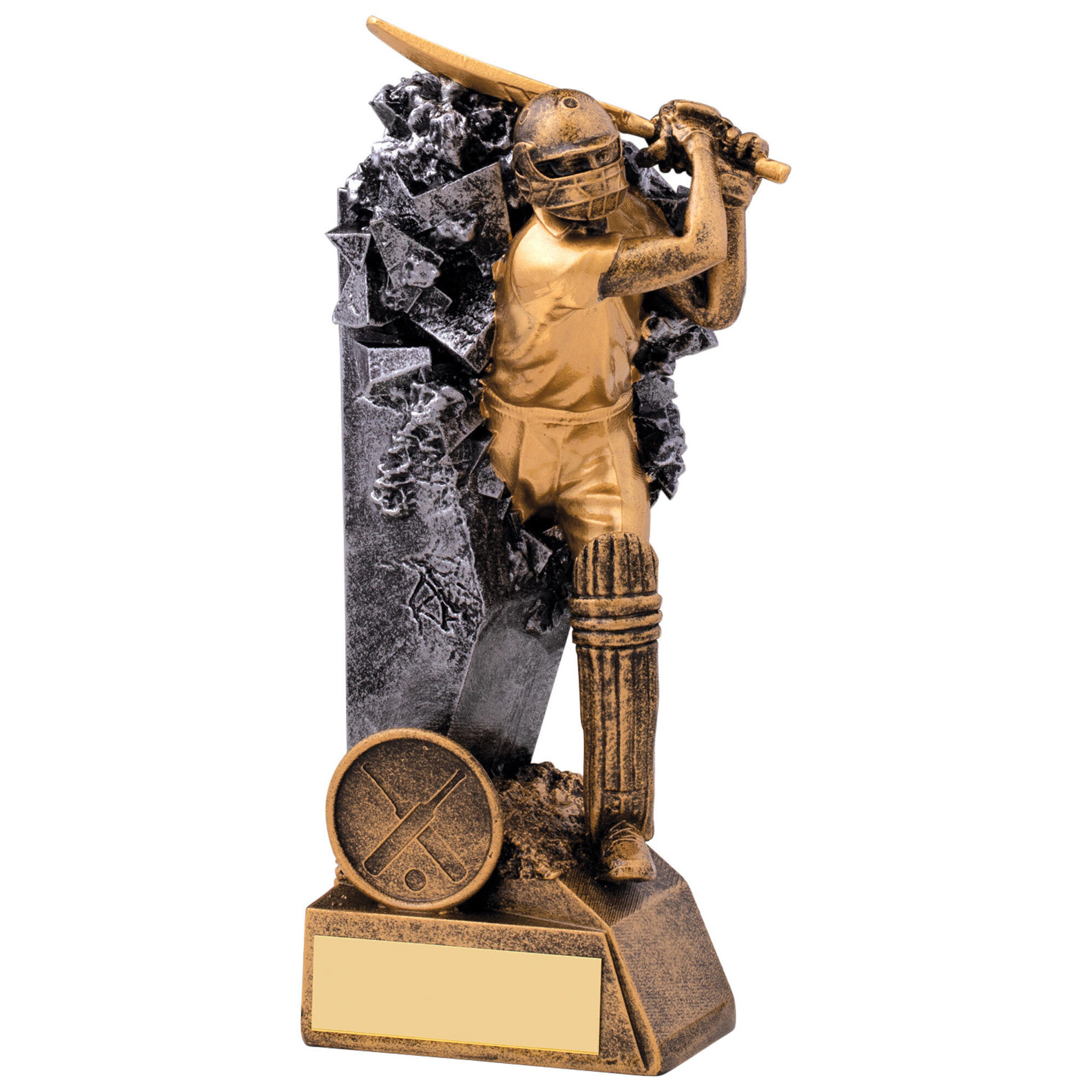 Cricket batting trophy displaying bronze and gold batsman figure in batting stance with helmet and bat against black shattered backdrop, cricket emblem and blank engraving plaque on base