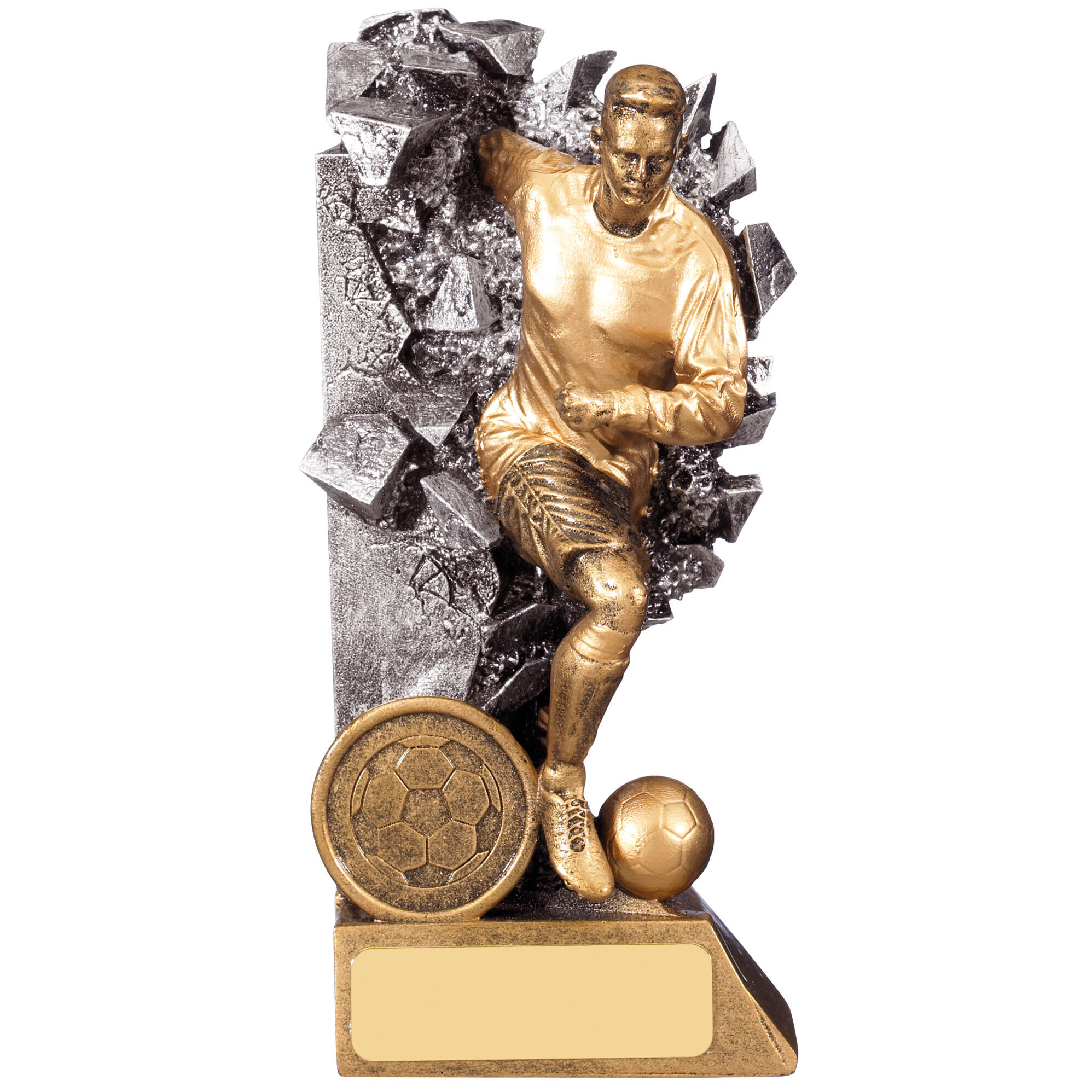 Dynamic breakthrough football trophy showing golden player figure bursting through cracked silver wall with football at feet, mounted on base with engraving plate