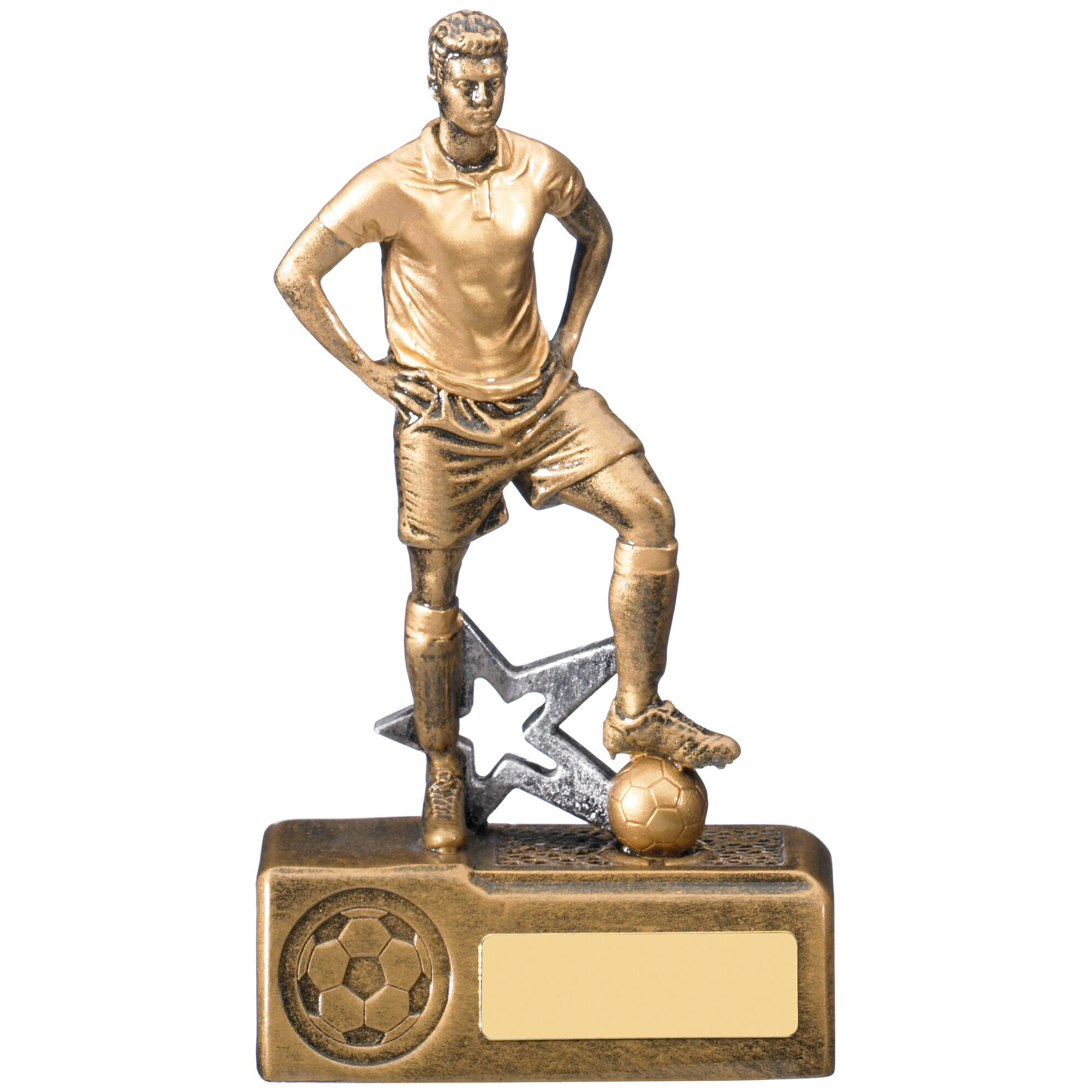 Star player football trophy featuring golden player figure standing against large silver star with football, showing contemporary design on base with engraving plate