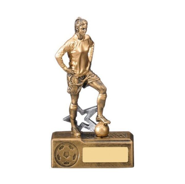 Bronze-finish girls football trophy featuring detailed female footballer figure in action pose with football at feet, mounted on decorative base with embossed football motif and blank engraving plaque