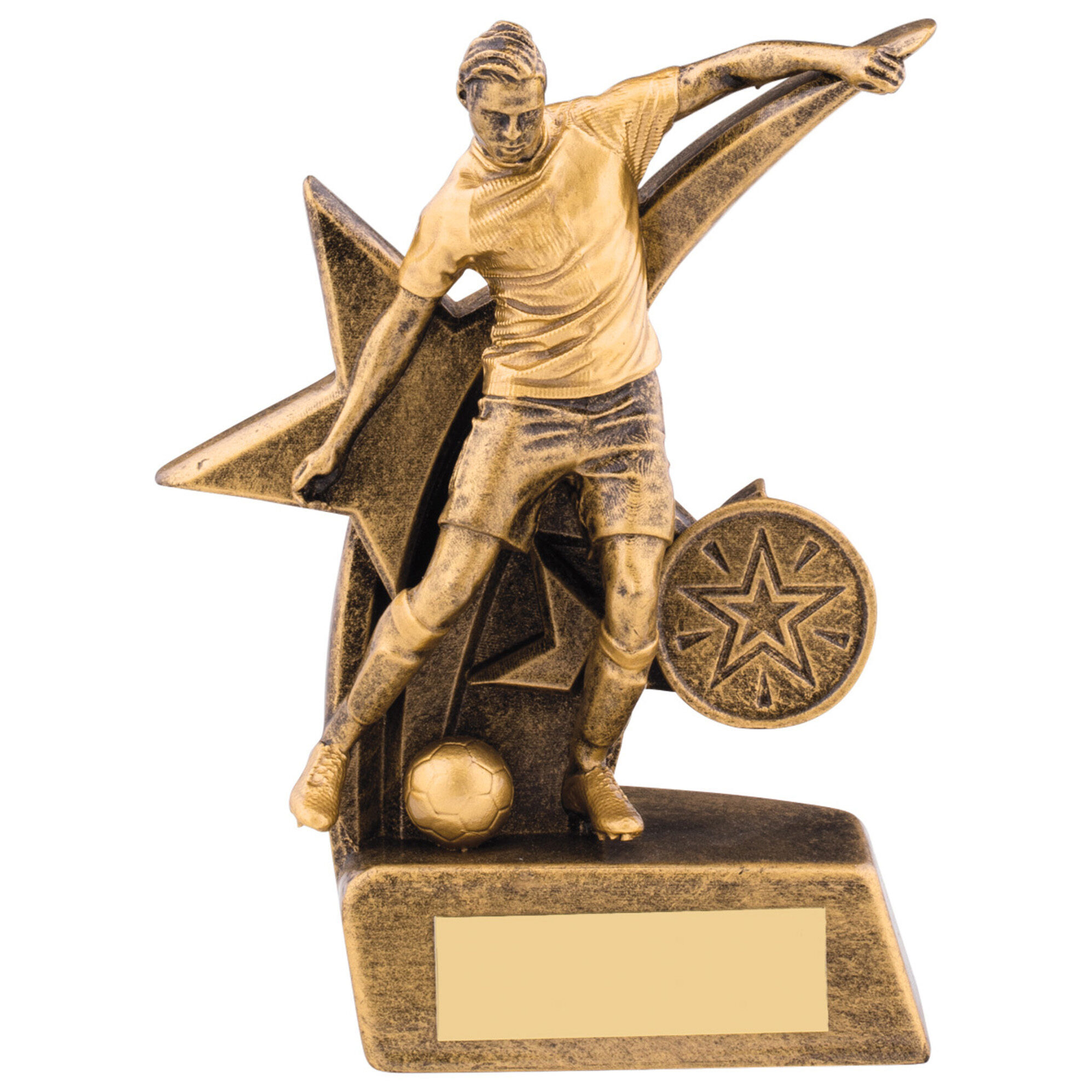 Bronze-finish male football trophy featuring detailed footballer figure against large decorative star backdrop with circular star medallion and blank engraving plaque on base
