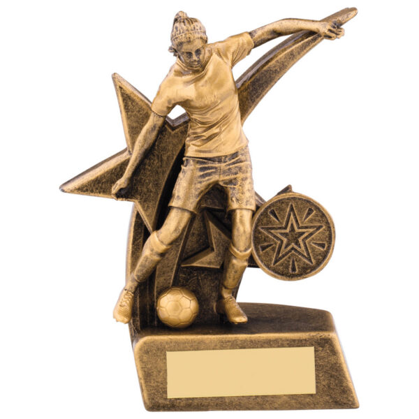 Bronze-finish girls football trophy featuring detailed female footballer figure in celebration pose against large decorative star backdrop with circular star medallion and blank engraving plaque