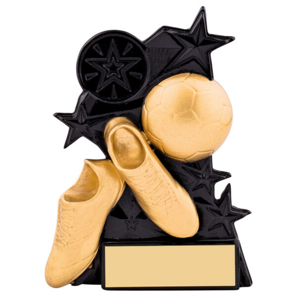 Contemporary black and gold football trophy featuring detailed 3D football boots and ball against decorative star backdrop with circular star medallion and blank engraving plaque