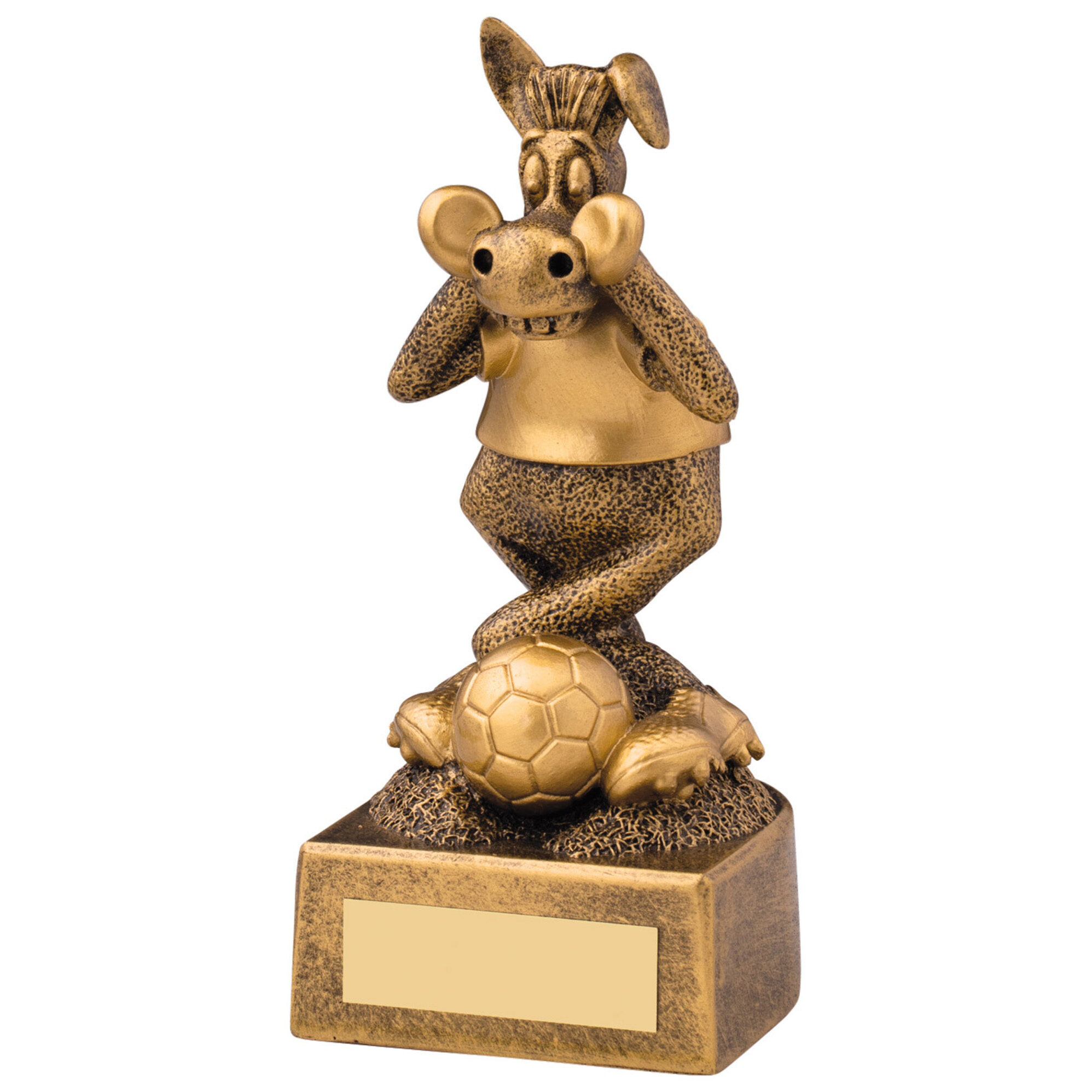 Comedy football trophy featuring a cute cartoon mascot character holding a football, with antique bronze and gold finish and engraving plate on base