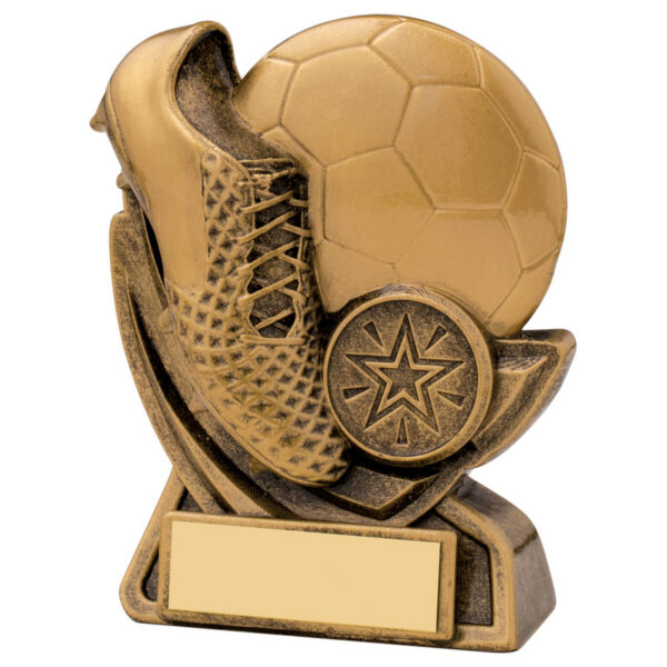 Football trophy with detailed boot and ball design featuring star medallion, antique bronze and gold finish with engraving plate
