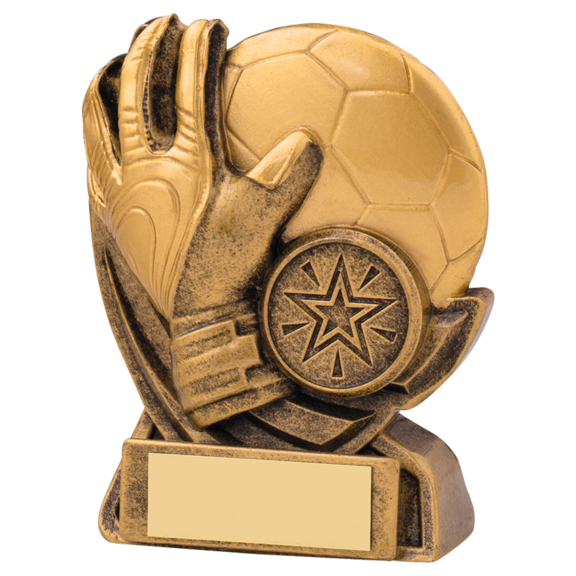 Goalkeeper trophy featuring detailed goalkeeper gloves and football with star medallion, finished in antique bronze and gold with engraving base