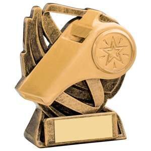 Antique gold referee trophy featuring detailed whistle design on decorative backdrop with blank engraving plate and black base
