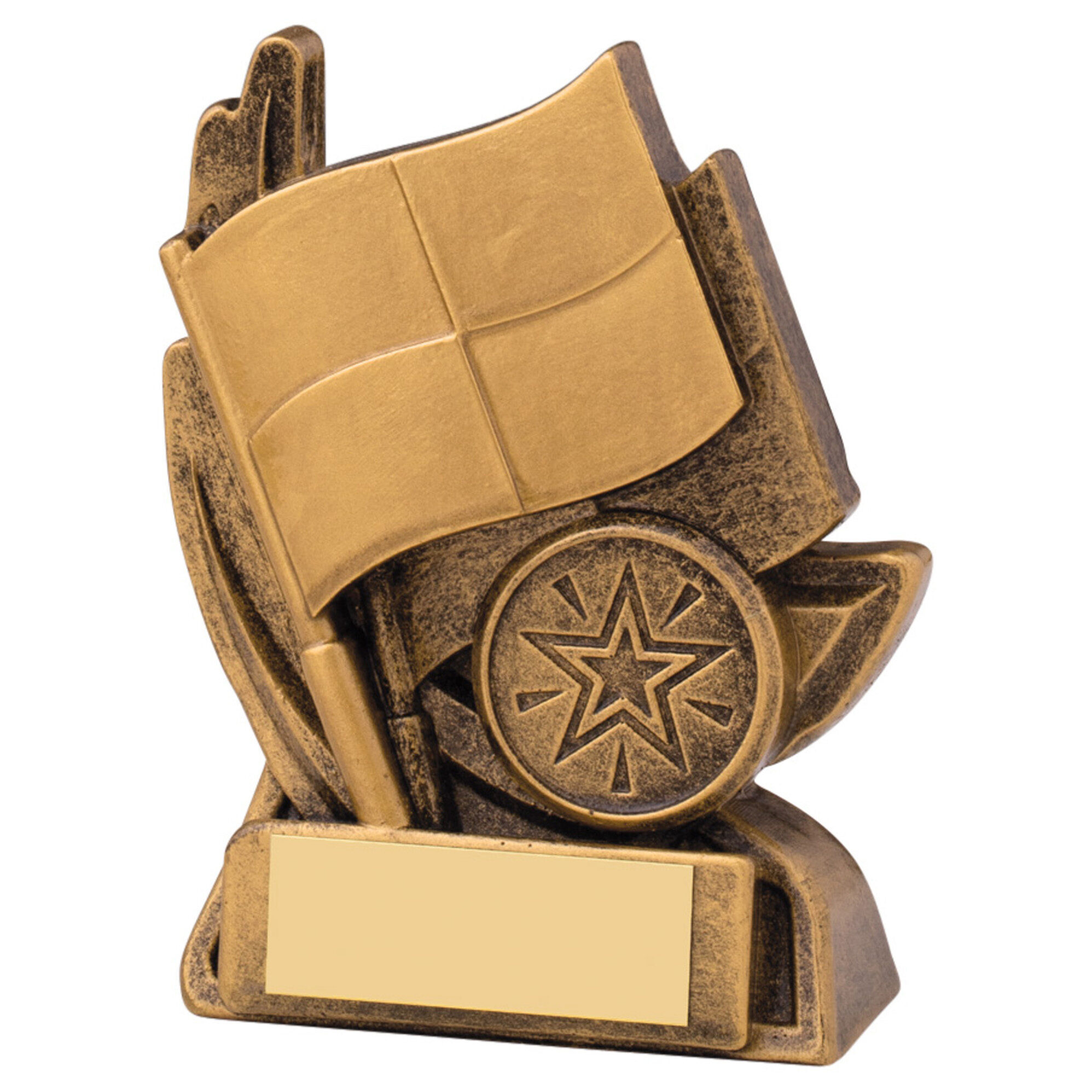 Antique gold linesman trophy showing crossed referee flags with central star emblem on decorative base with engraving plate