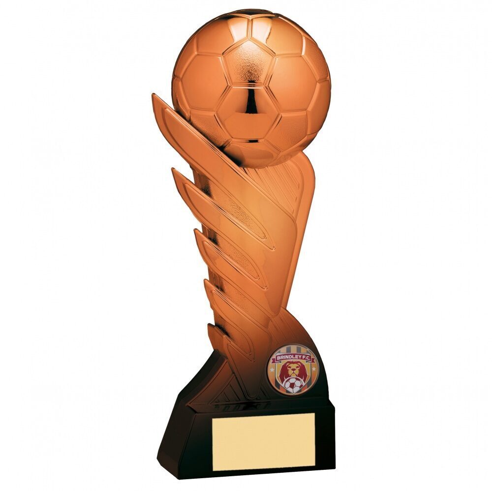 Bronze football trophy featuring 3D football on flame-effect column with team badge area and black engraving base in rich bronze finish