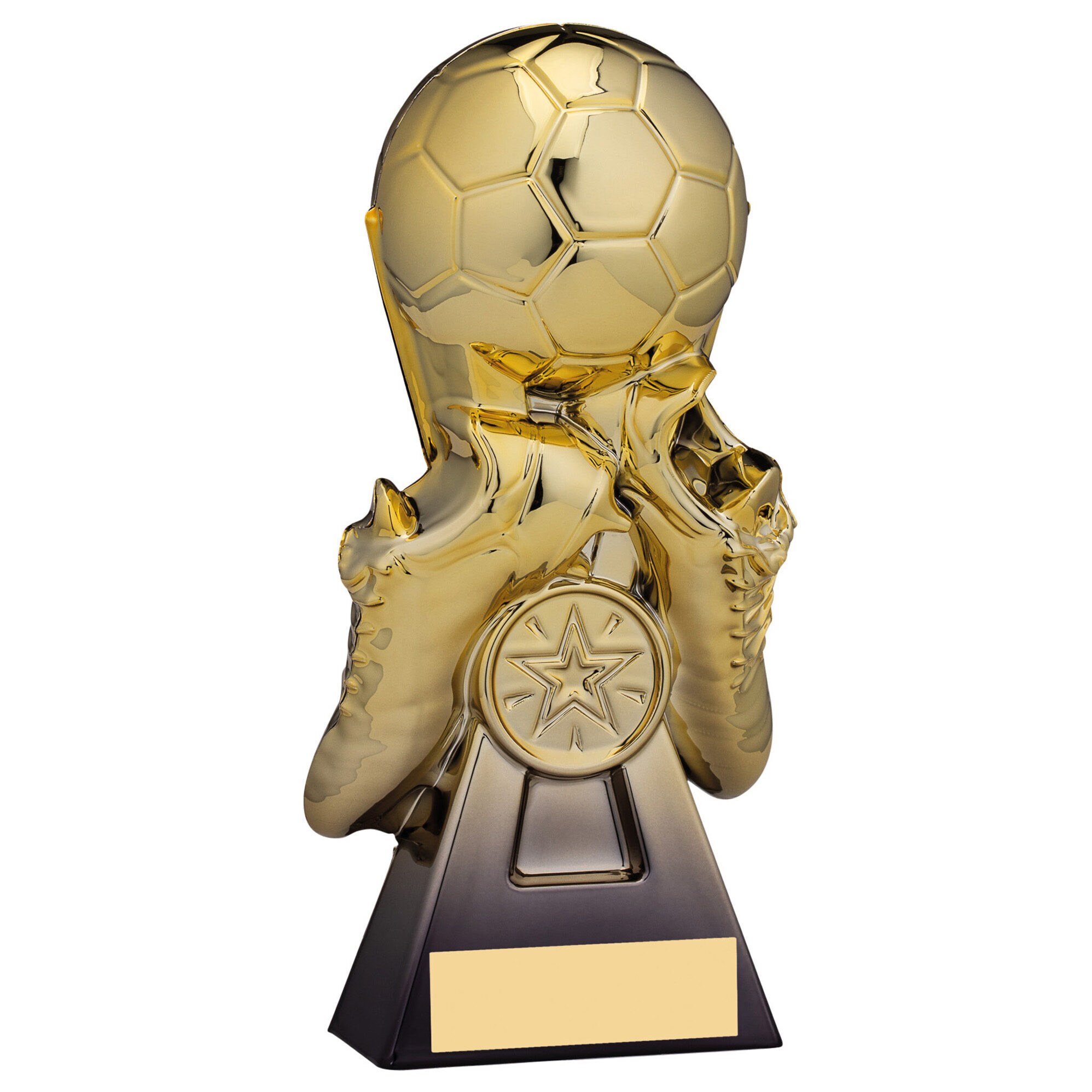 Golden metallic football trophy featuring a detailed soccer ball held by football boots sculpture with star medallion, mounted on black trophy base with engraving plate