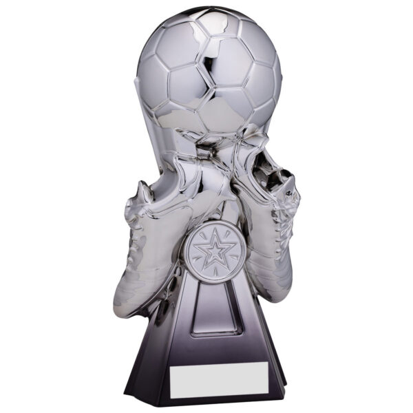 Crystal-clear football trophy with silver finish showing detailed soccer ball held by football boots sculpture, star medallion, and black trophy base with engraving plate