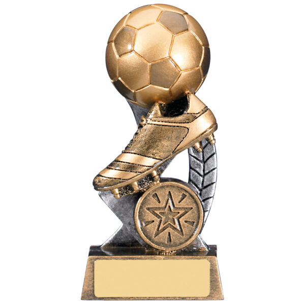 Classic bronze-gold football trophy showing detailed football boot positioned above soccer ball with ornate decorative background panel, star medallion, and traditional engraving base