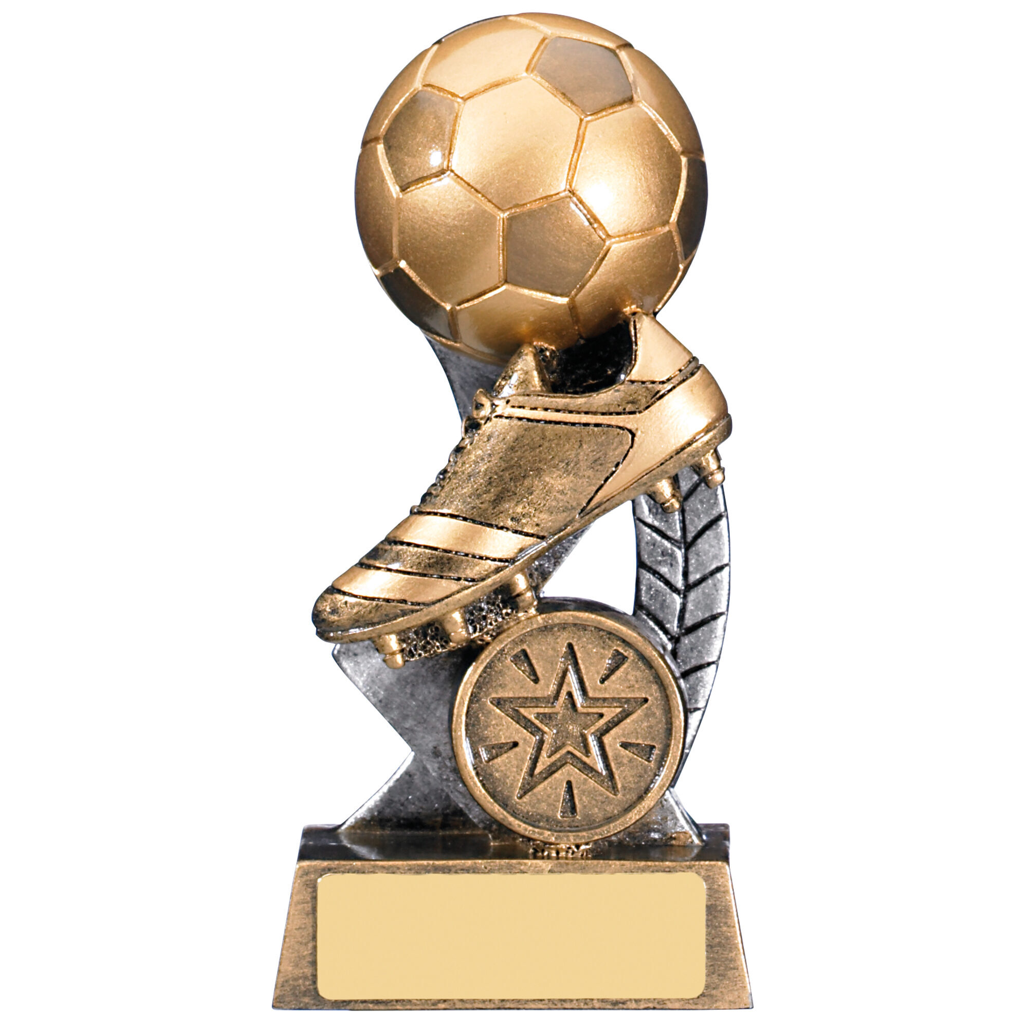 Classic bronze-gold football trophy showing detailed football boot positioned above soccer ball with ornate decorative background panel, star medallion, and traditional engraving base