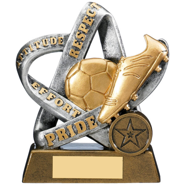 Antique gold football trophy featuring golden football boot kicking a ball, mounted on decorative silver and black textured base with engraving plaque