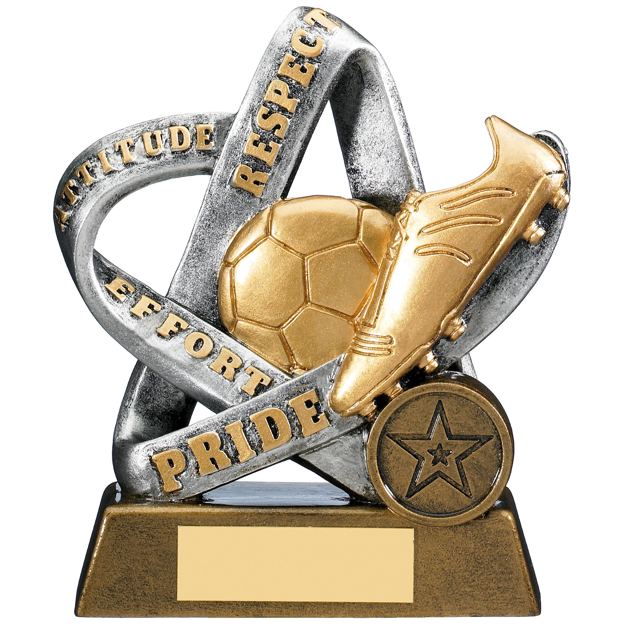 Antique gold football trophy featuring golden football boot kicking a ball, mounted on decorative silver and black textured base with engraving plaque