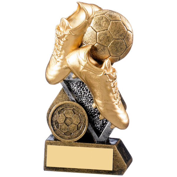 Modern golden football boot trophy with detailed lacing on sleek black angled base, featuring space for personalisation and club branding