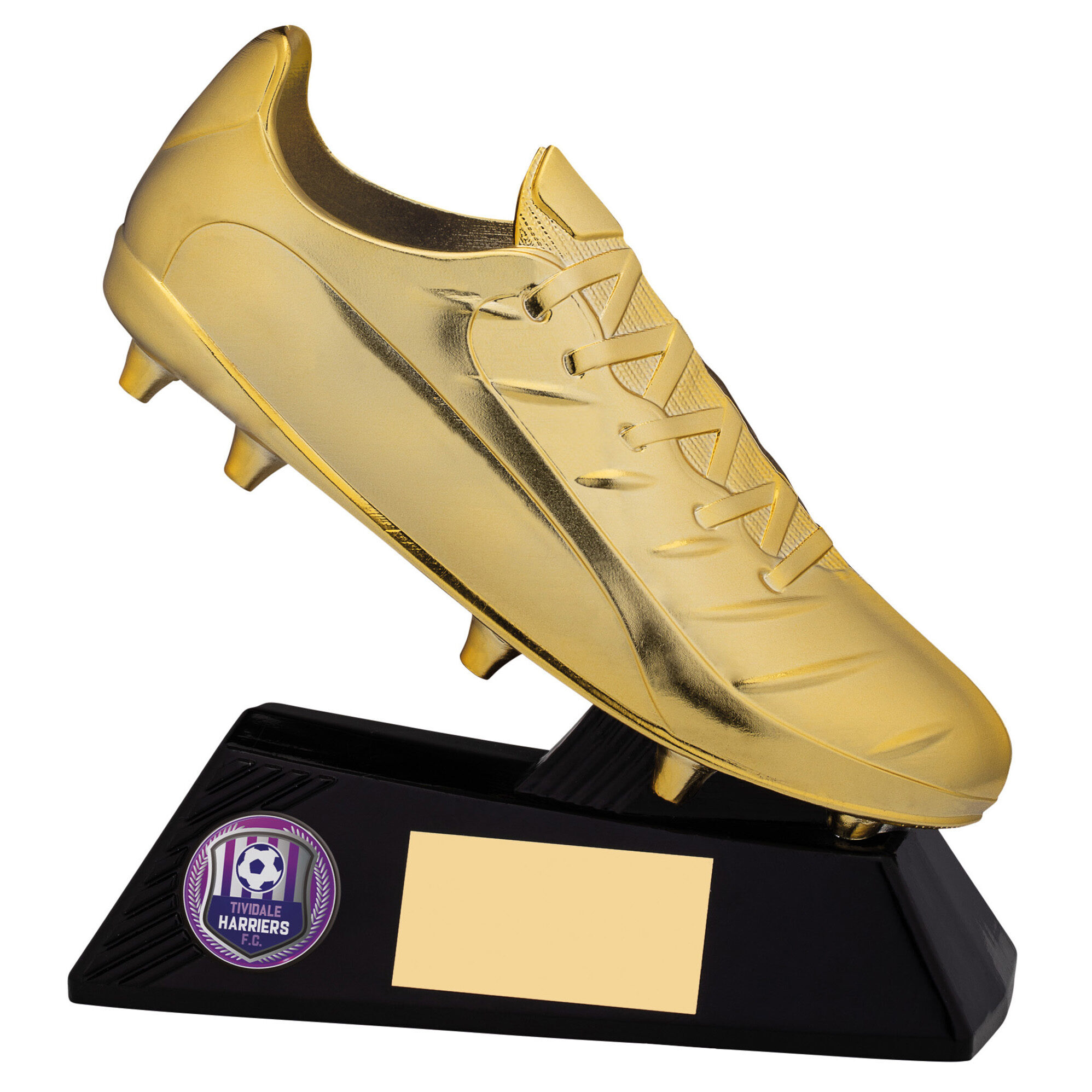 Premium golden football boot trophy with detailed textured surface and lacing, mounted on substantial pewter-effect base with football emblem and large engraving plaque