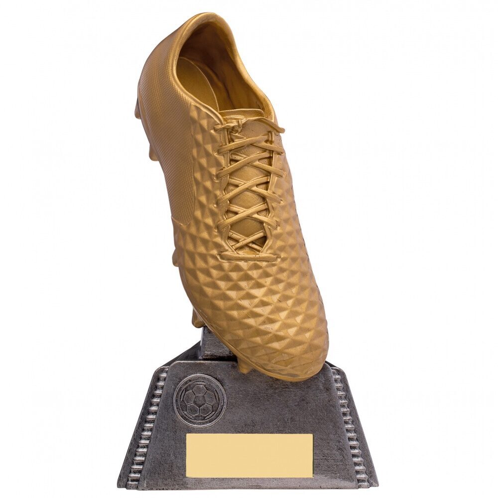 Classic golden football boot trophy with diamond-textured pattern and traditional lacing, mounted on pewter base with football emblem and engraving plaque