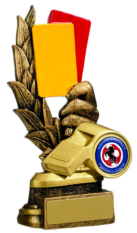 Antique gold football referee trophy featuring referee's whistle, yellow and red cards with decorative laurel wreath, club badge holder and engraving plaque on base