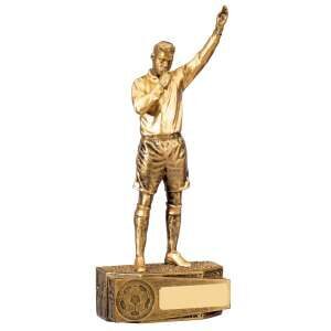 Premium antique gold referee figure trophy showing match official in classic raised arm signalling pose with detailed uniform and substantial presentation base