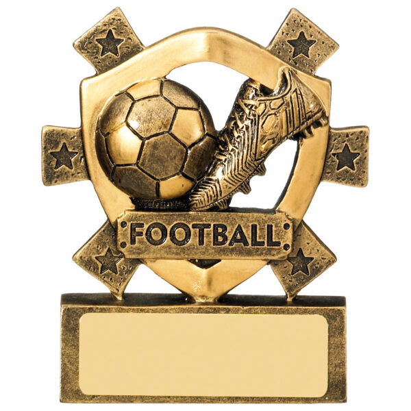 Budget football trophy in antique gold finish featuring football and boot design with decorative stars, 'FOOTBALL' banner and engraving plaque on presentation base