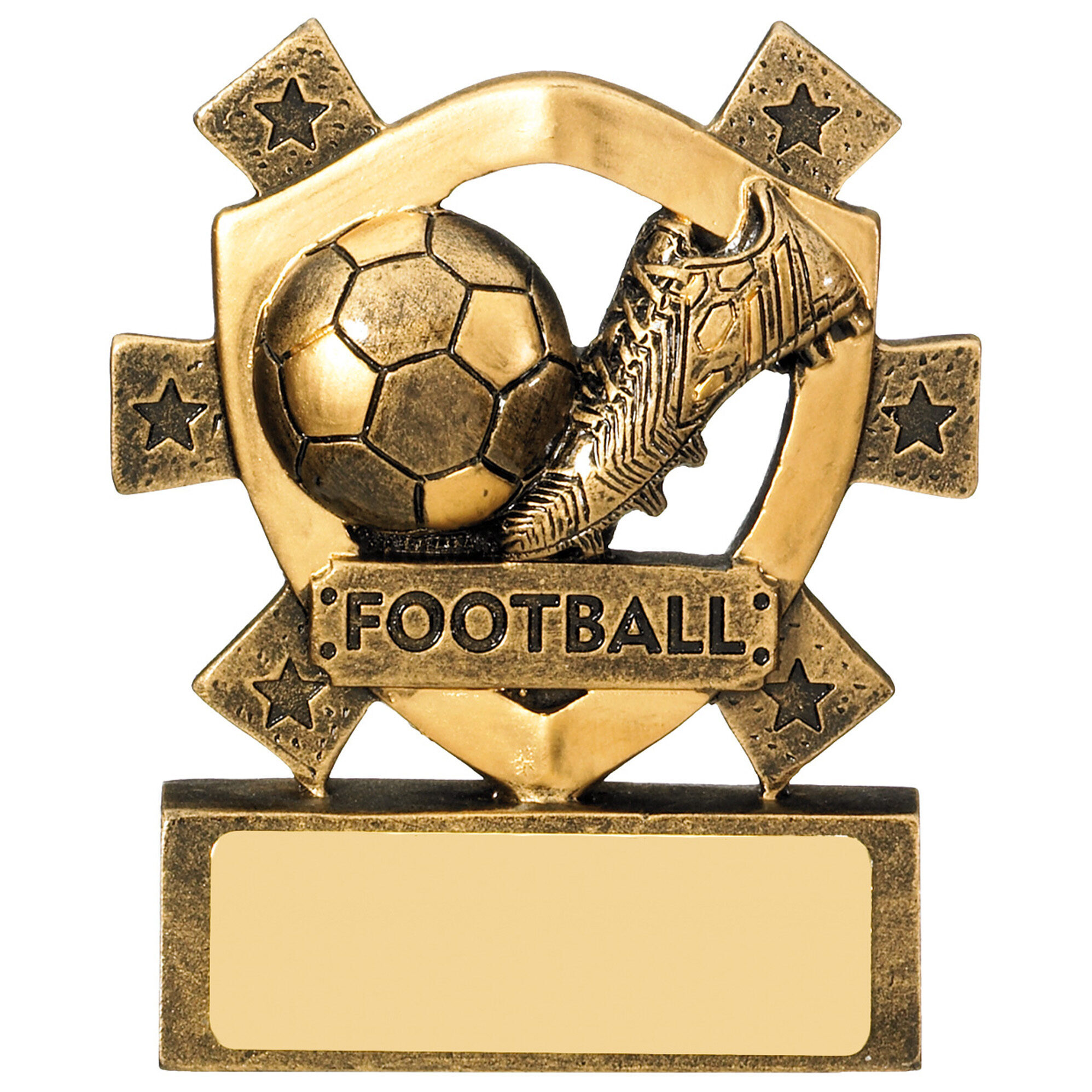 Budget football trophy in antique gold finish featuring football and boot design with decorative stars, 'FOOTBALL' banner and engraving plaque on presentation base