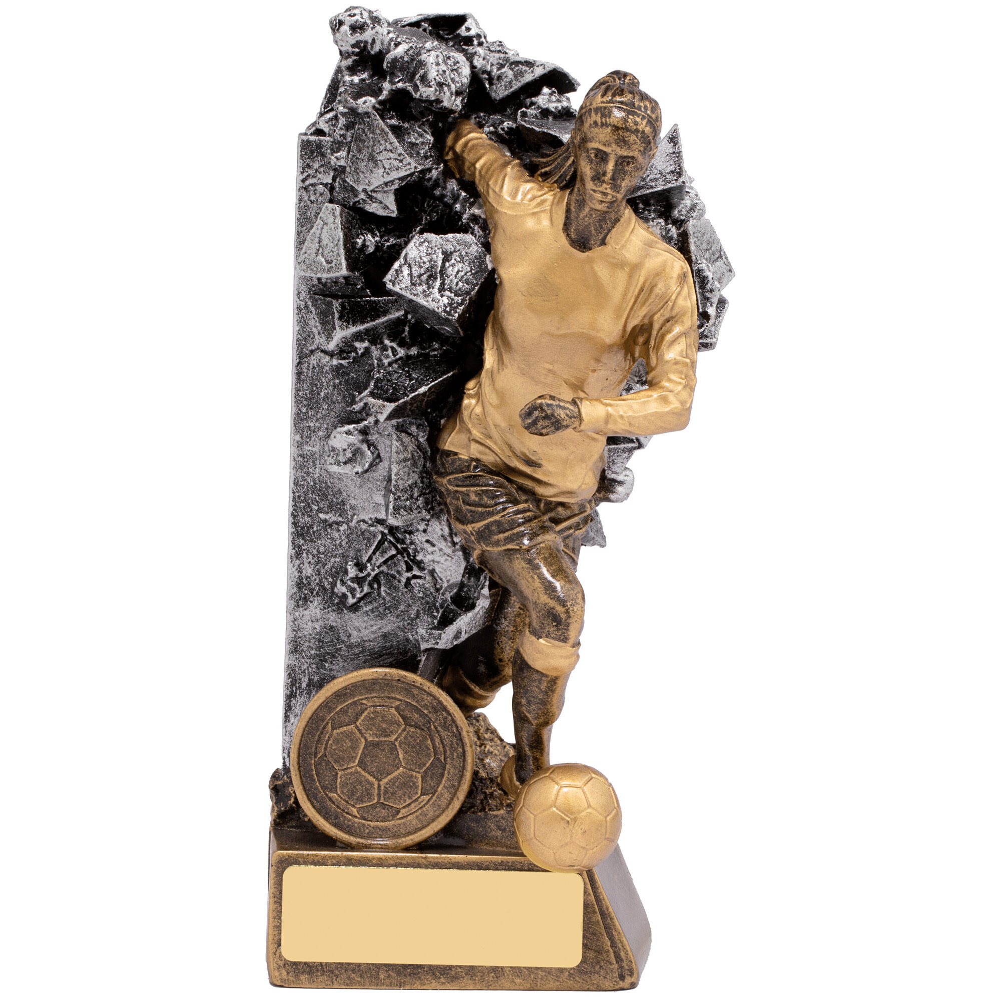 Modern breakthrough football trophy showing female player in bronze finish bursting through pewter shattered backdrop effect with football emblem and gold engraving plate