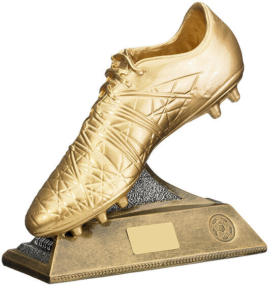 Golden boot football trophy with detailed gold football boot mounted on decorative base featuring football emblem medallion and personalised engraving plate