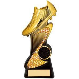 Elite golden boot trophy featuring curved dynamic design with golden football boot, integrated flame motifs, football detail, mounted on black base with gold engraving plate