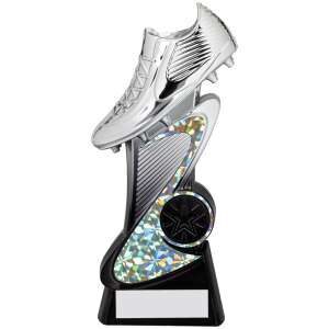 Modern football boot trophy with silver-tone boot featuring gold and black decorative accents mounted on a curved black base with engraving plate