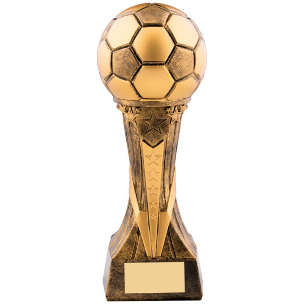 Traditional football trophy with detailed golden football on ornate trophy column featuring star decorations and antique gold finish with engraving plate