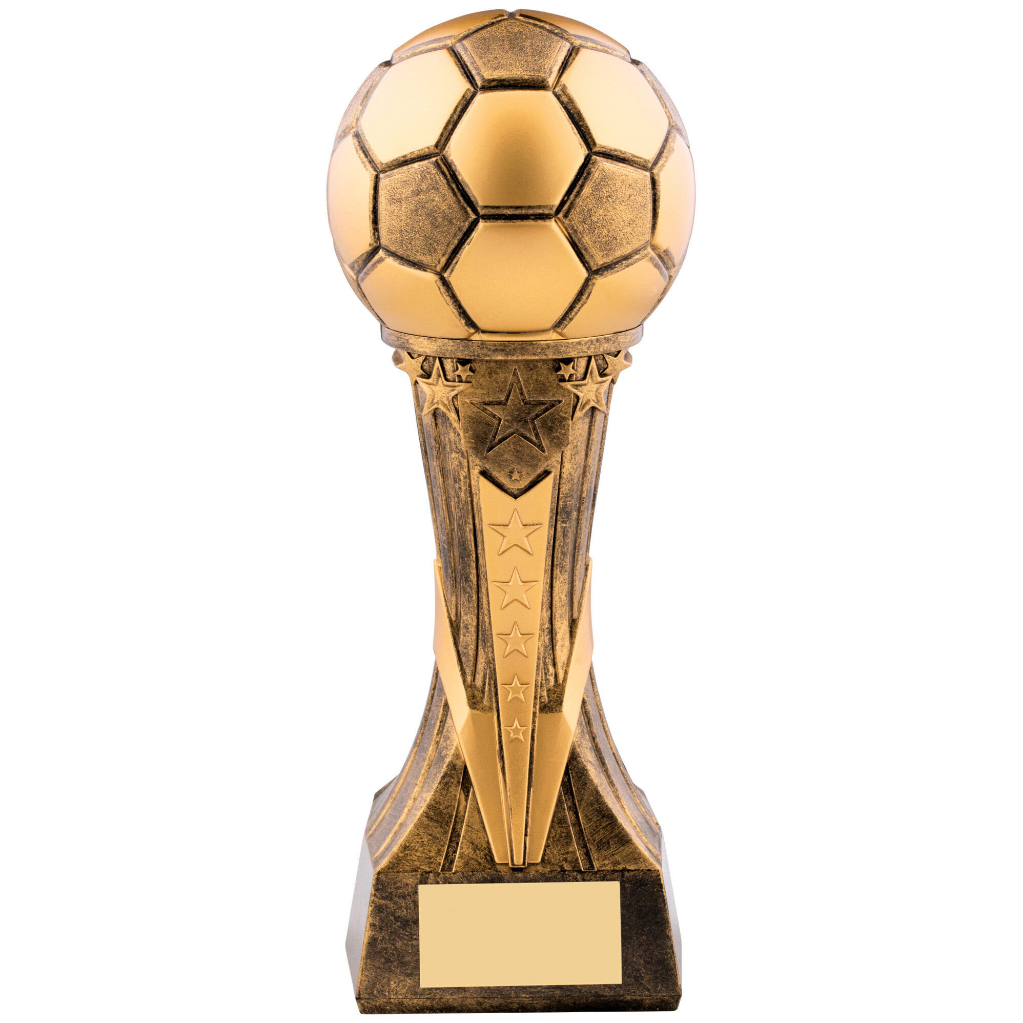 Traditional football trophy with detailed golden football on ornate trophy column featuring star decorations and antique gold finish with engraving plate