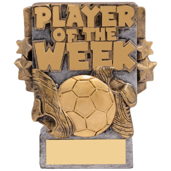 Player of the Week football trophy featuring bold raised lettering with football and boot design elements in antique gold finish on rectangular base
