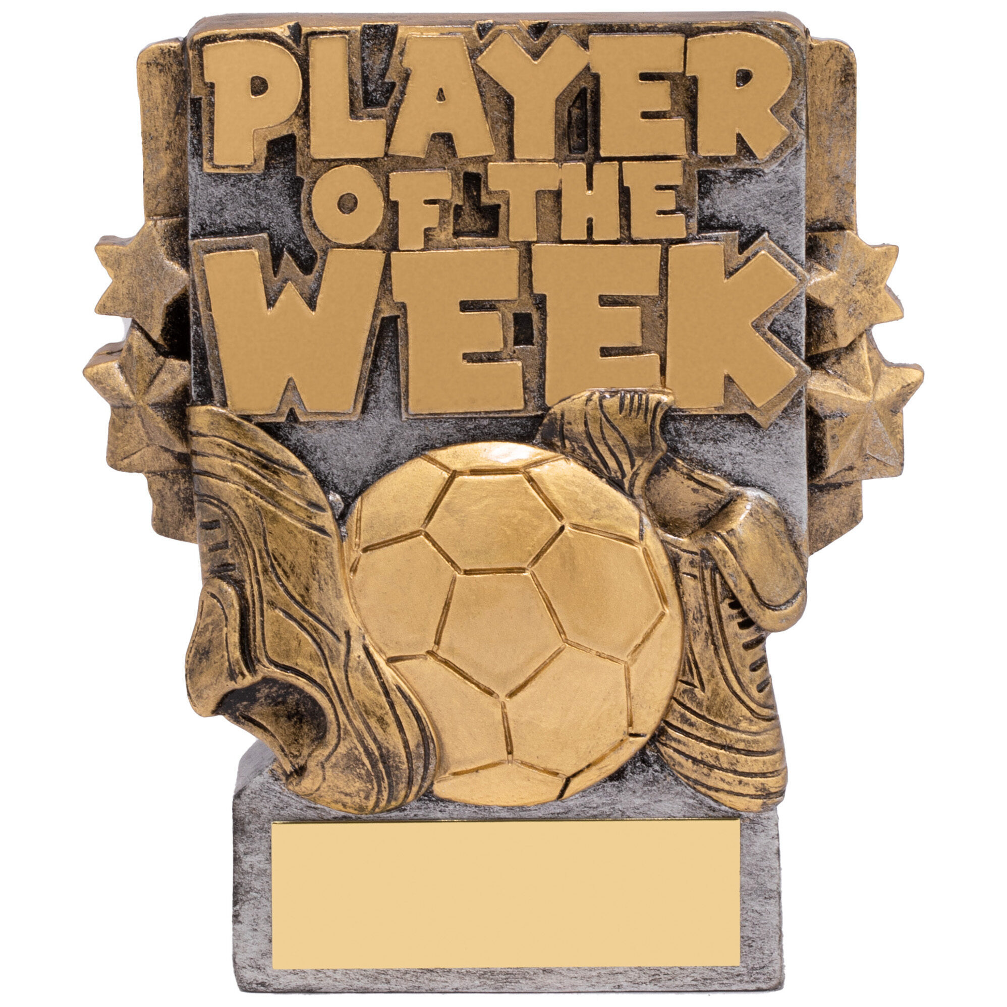 Player of the Week football trophy featuring bold raised lettering with football and boot design elements in antique gold finish on rectangular base
