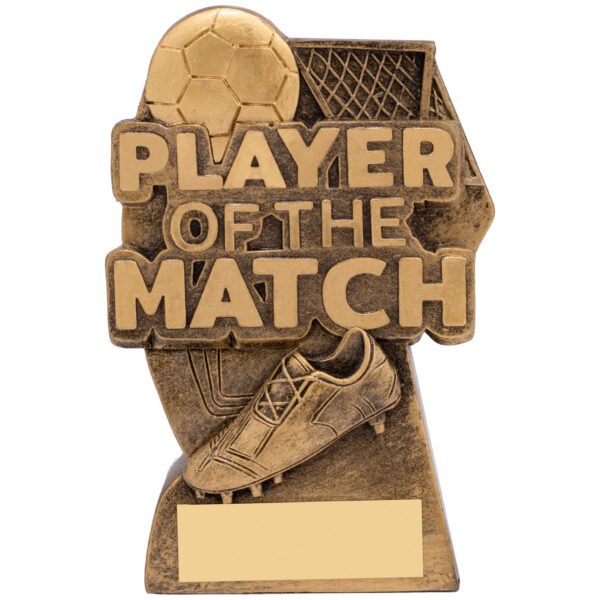 Player of the Match football trophy with large raised text, detailed football, goal net and boot imagery in antique gold finish with engraving plate