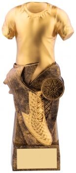 Golden football shirt trophy with detailed boot and ball design mounted on bronze textured base with engraving plaque