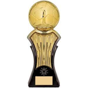 Elegant black and gold football trophy with detailed golden football on ribbed column base and engraving plaque