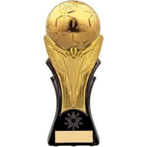Majestic black and gold football trophy featuring detailed golden football on flowing ribbed column with engraving plaque