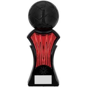 Strike Force football trophy with black curved body, red textured centre panel, black football motif at top, and silver engraving plate at base