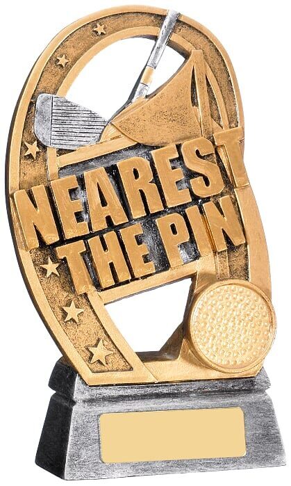 Bronze-finished nearest the pin golf trophy with oval design, golf flag motif, raised lettering, decorative stars, golf ball, and gold engraving plate on black base