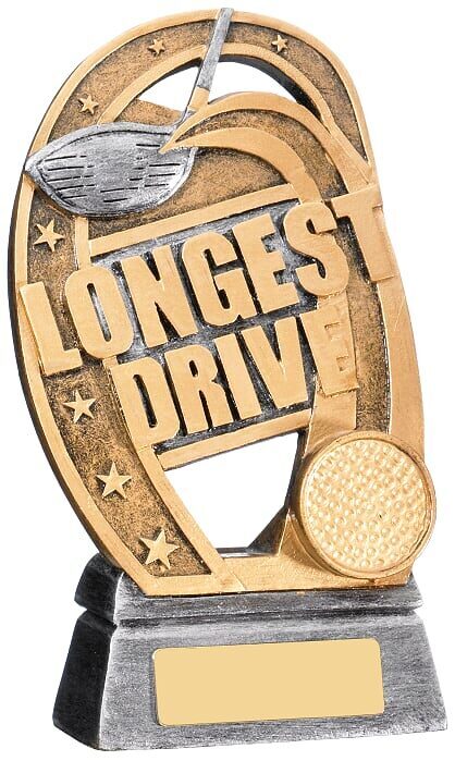 Bronze-finished longest drive golf trophy with oval design, golf swing motif, raised lettering, decorative stars, golf ball, and gold engraving plate on black base