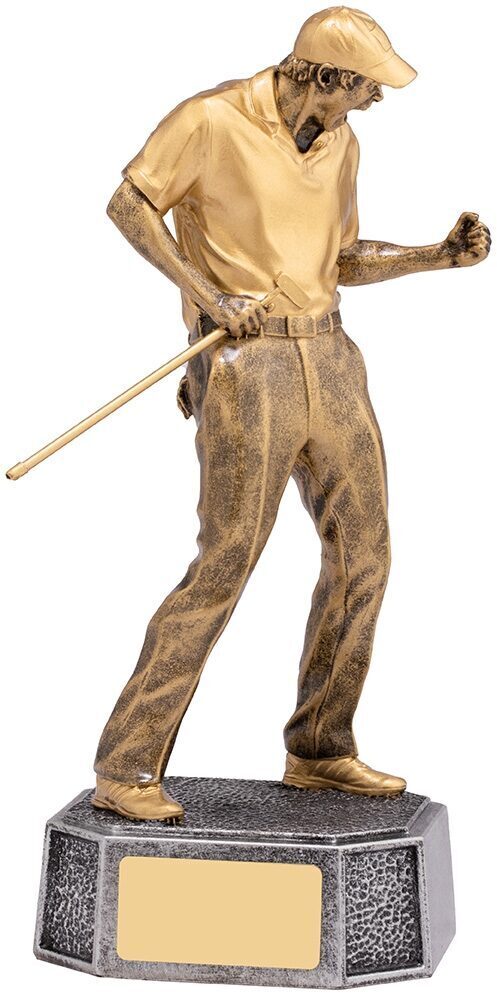 Golden golf statue award showing detailed male golfer figurine in mid-swing pose wearing cap and golf attire, standing on textured hexagonal base with gold engraving plate