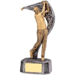 Golden bronze male golfer trophy showing detailed figure in mid-swing follow-through pose on decorative silver and gold textured base with blank engraving plate