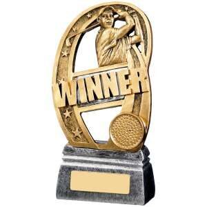Oval-shaped golf trophy with antique gold finish showing golfer figure, 'WINNER' text, decorative stars, and golf ball on silver accent base with engraving plate