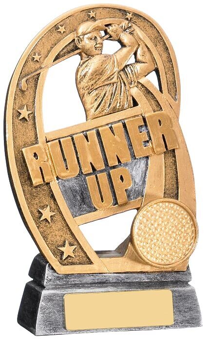 Oval-shaped golf runner up trophy with antique gold finish displaying golfer figure, 'RUNNER UP' text, star decorations, and golf ball on silver accent base with engraving area