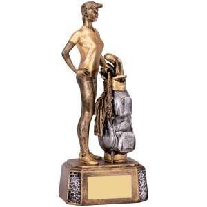 Bronze-finished ladies golf trophy featuring a detailed female golfer figurine standing confidently with hands on hips beside a golf bag, mounted on a textured base with gold engraving plate
