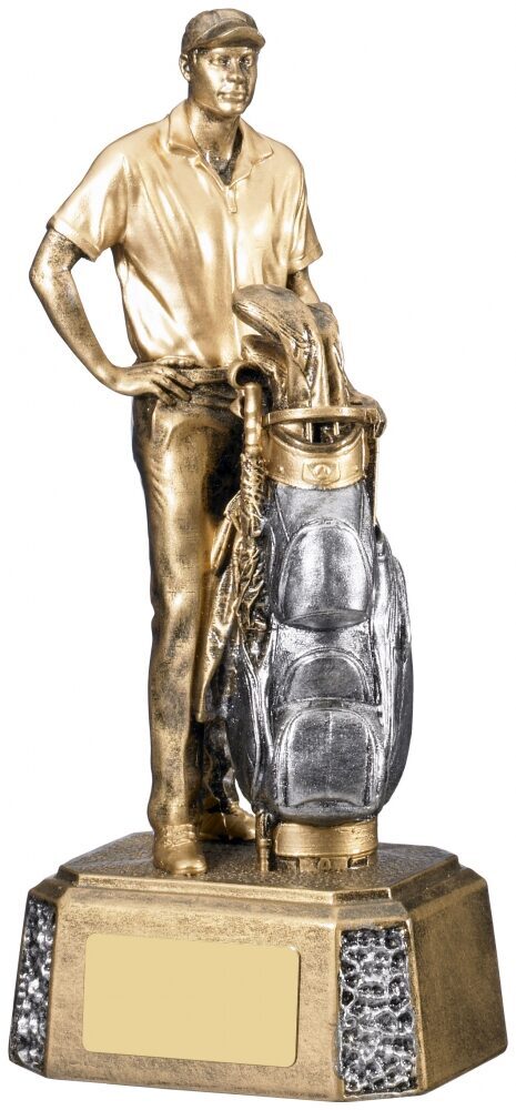 Large bronze-finished male golf trophy showing a detailed golfer figurine in cap and golf attire standing beside a realistic golf bag with clubs, mounted on a hexagonal textured base with gold engraving plate