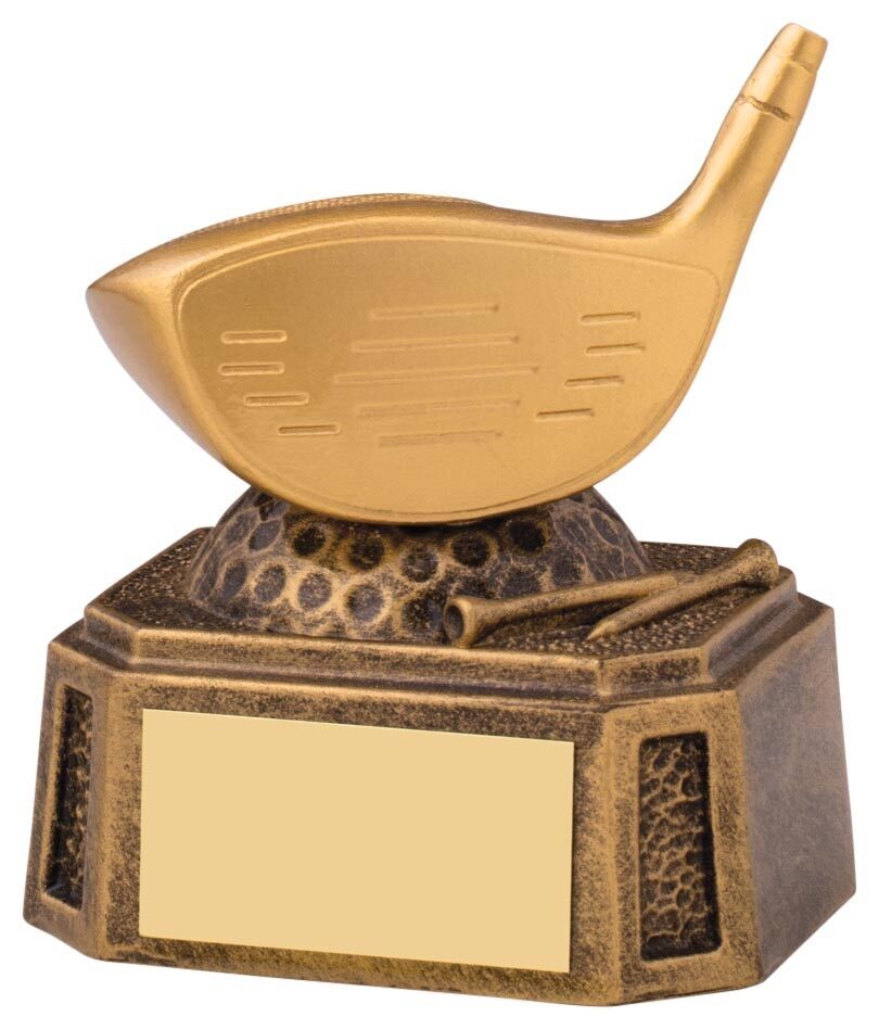 Golf trophy featuring a golden metallic driver head with detailed scoring lines mounted on a hexagonal bronze textured base with gold engraving plate