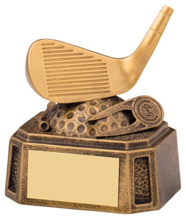 Golf trophy featuring a golden iron head with detailed scoring lines, accompanied by a golf shoe and tee, mounted on a hexagonal bronze textured base with gold engraving plate